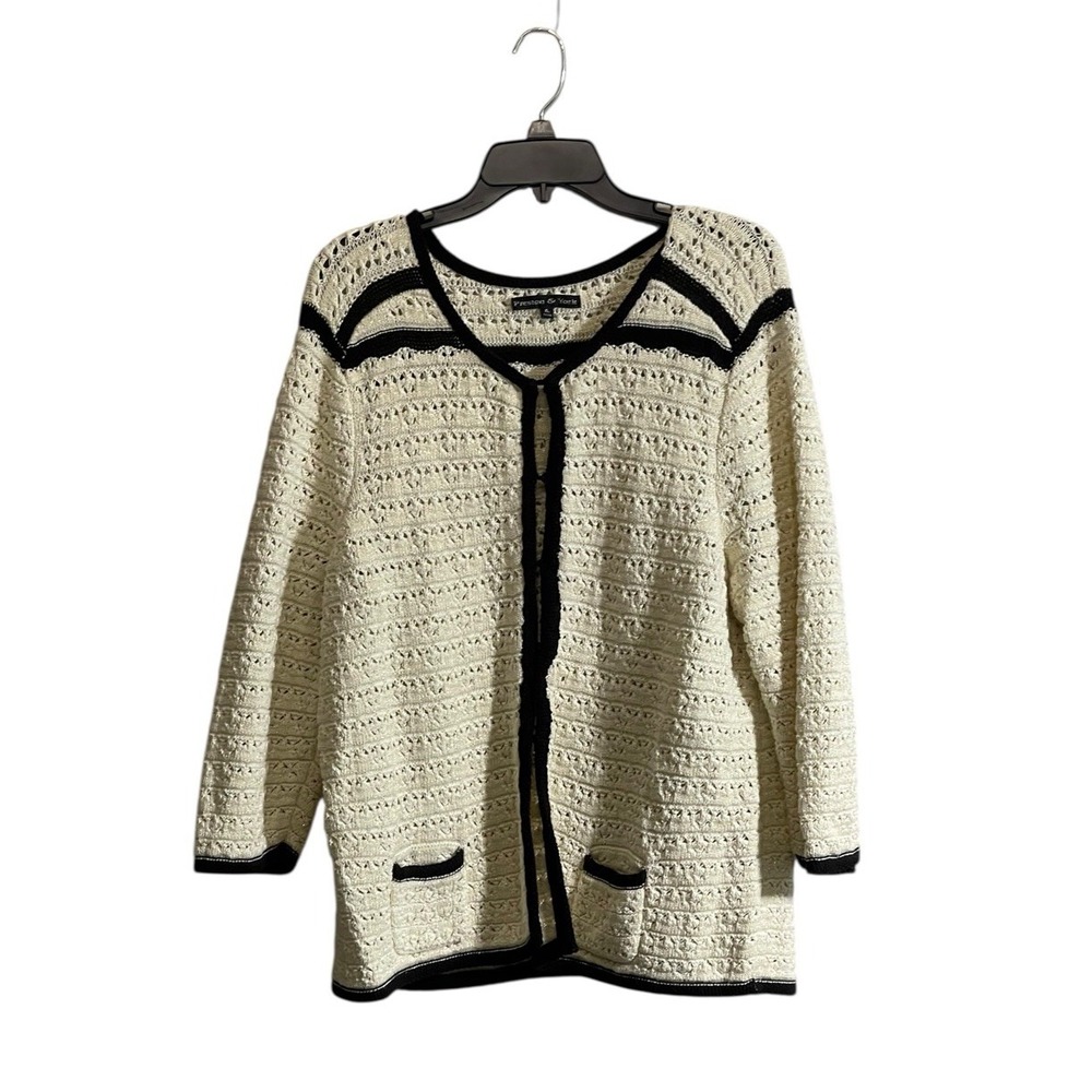 Preston & York Size XL Crochet Cardigan Sweater Cream Black Glittery Pockets